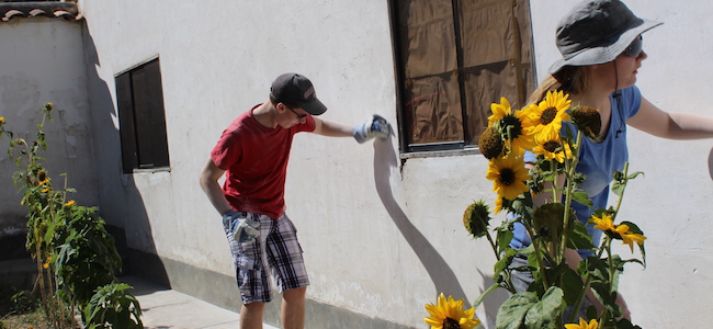 Volunteers working on wall finishing